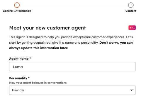 HubSpot's customer agent setup step where you name the agent and pick its personality, as taken from HubSpot