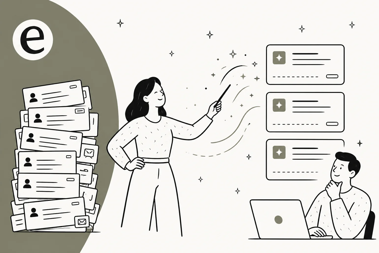 Illustration of a stack of past support tickets being turned into reusable reply templates