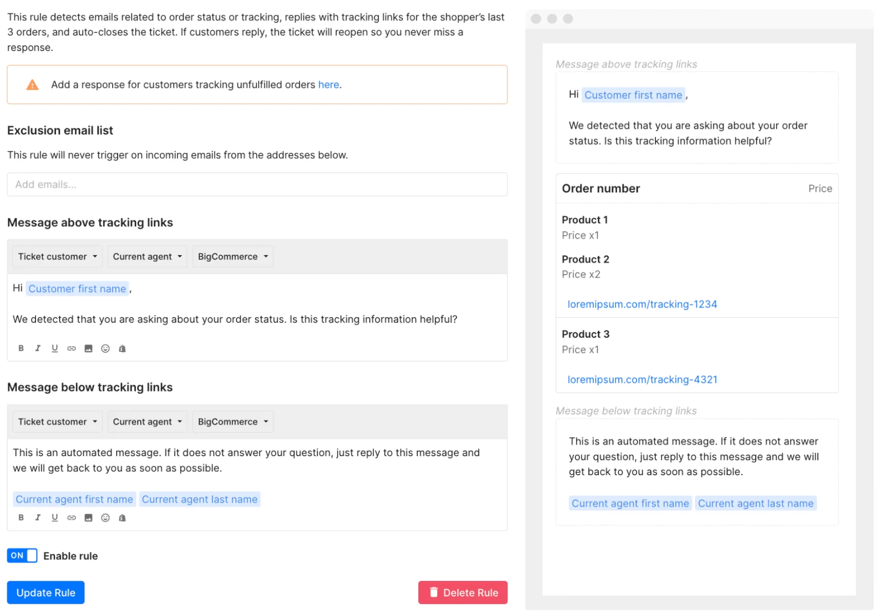 A Gorgias rule that detects order-status emails and auto-replies with tracking links, as shown on Gorgias' own product pages
