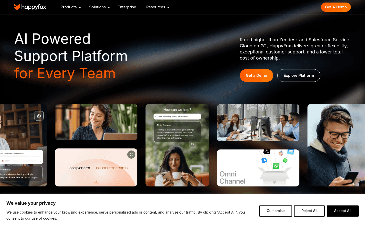 HappyFox homepage showing their AI-powered support platform, as taken from HappyFox