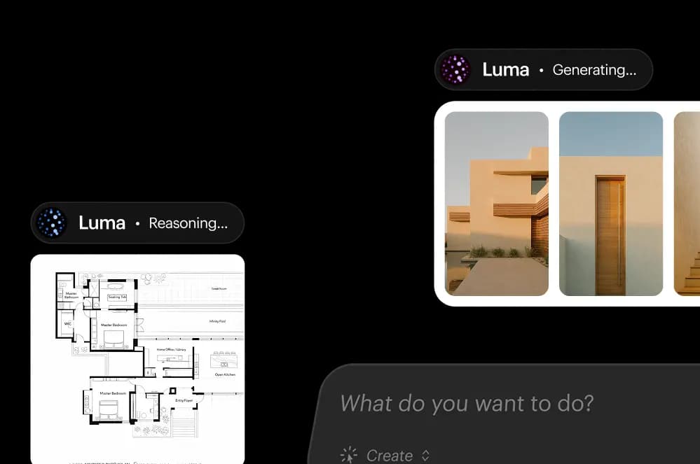 Luma Agents in motion: a single prompt fans out into a reasoning pass over a floorplan reference, then a generation pass producing multiple architectural renders, as taken from Luma