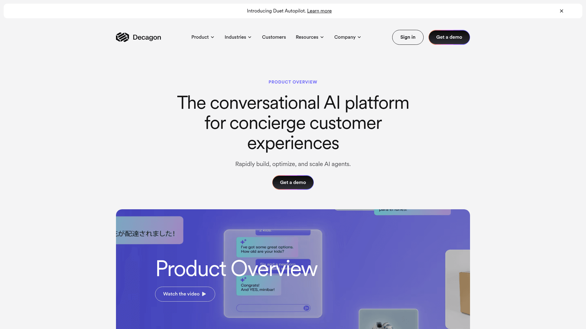 The Decagon product overview showing a customer profile and deflected conversation