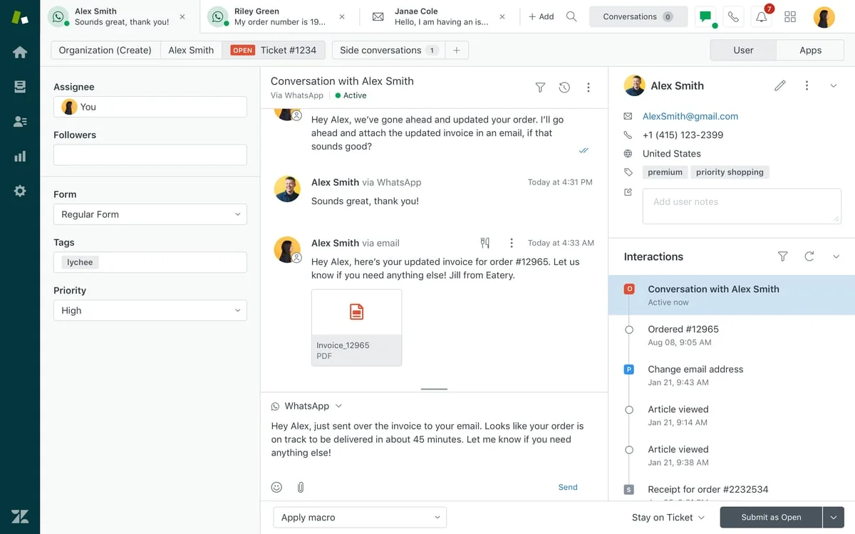 Zendesk agent workspace showing a WhatsApp ticket alongside the customer interactions timeline