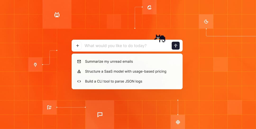 Mistral Vibe interface on an orange grid background with a task input and suggestions to summarize unread emails, structure a SaaS model, and build a CLI tool.