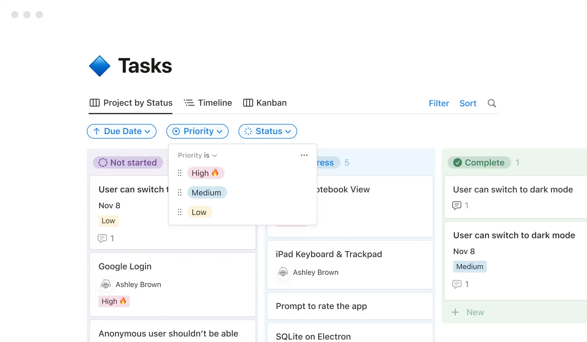 Filtered kanban view in Notion showing ticket board with custom filter options