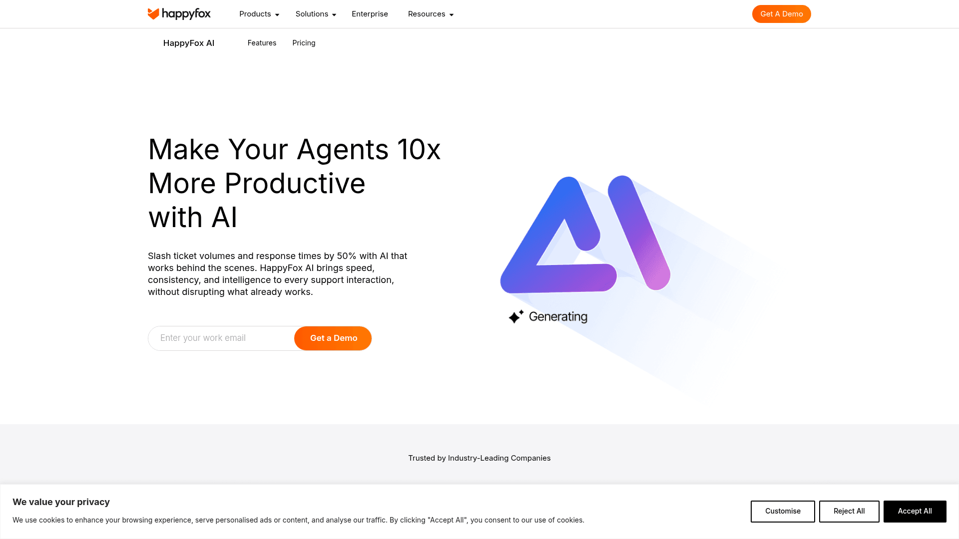 HappyFox AI features page showing HappyFox AI Copilot and Autopilot capabilities, as taken from HappyFox