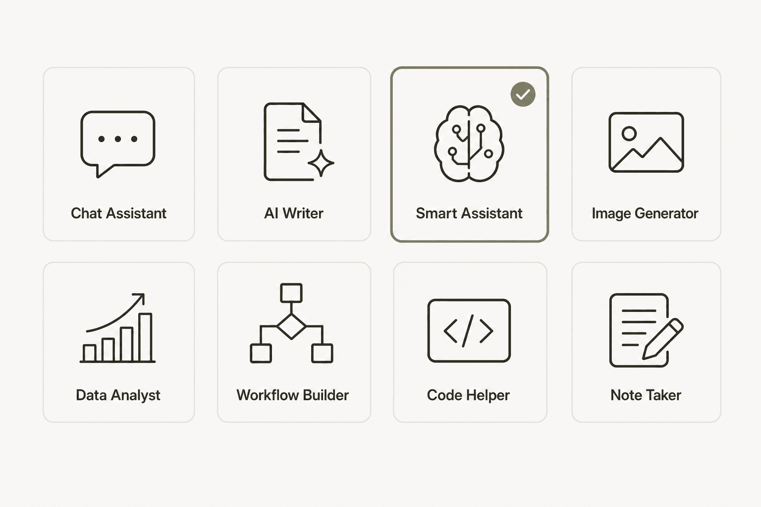 Grid of eight AI tool cards with selection highlight showing how to choose by use case