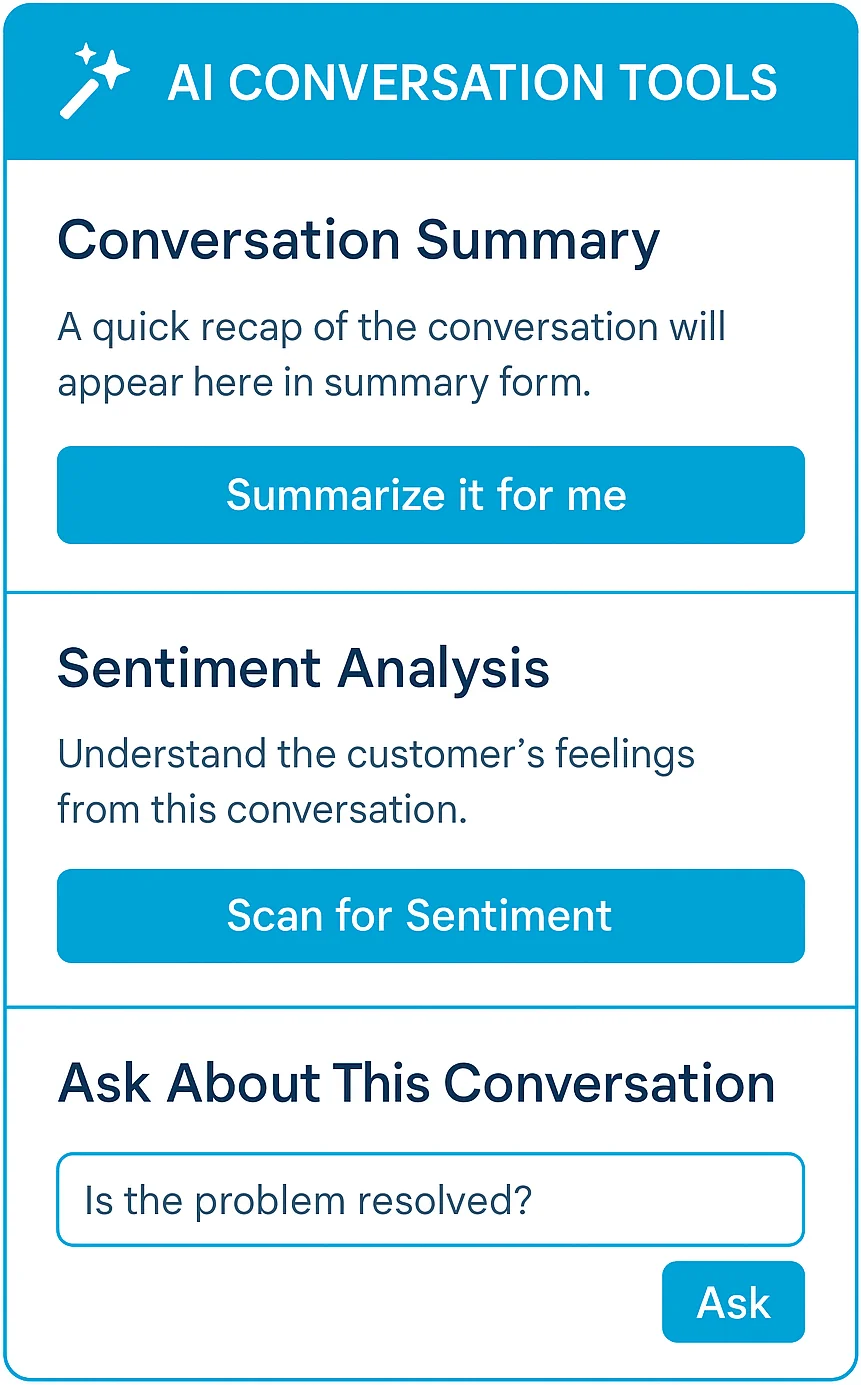 Re:amaze's AI conversation tools panel with conversation summary, sentiment analysis and ask-about-this-conversation modules