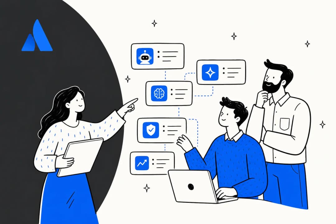 Illustration of a team comparing AI tool cards for Jira Service Management, with the Atlassian logo