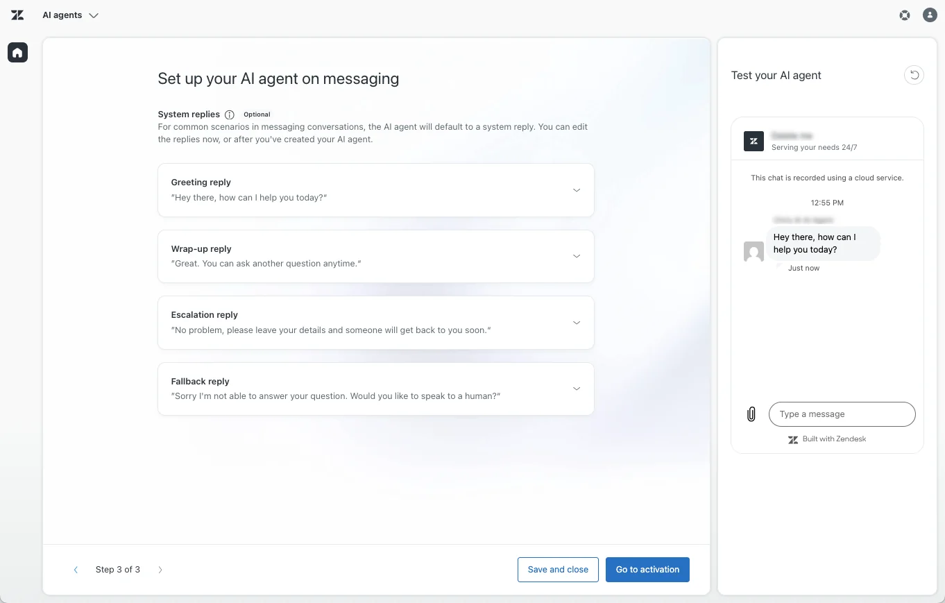 System replies configuration showing greeting, wrap-up, escalation and fallback messages, as taken from Zendesk help