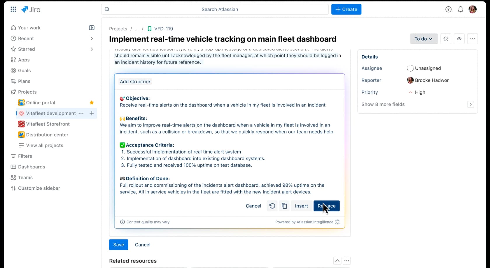 Using Atlassian Intelligence to reformat and add structure to a Jira work item, as shown on Atlassian's product pages