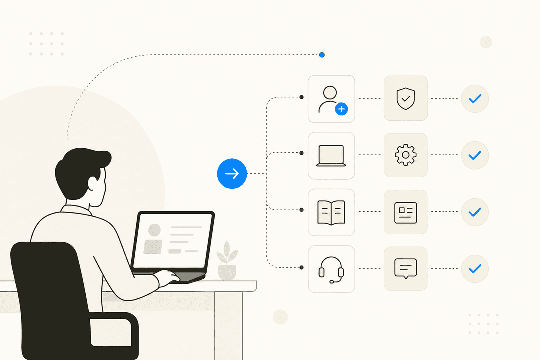 Flat illustration showing a new employee connected to automated IT onboarding flows