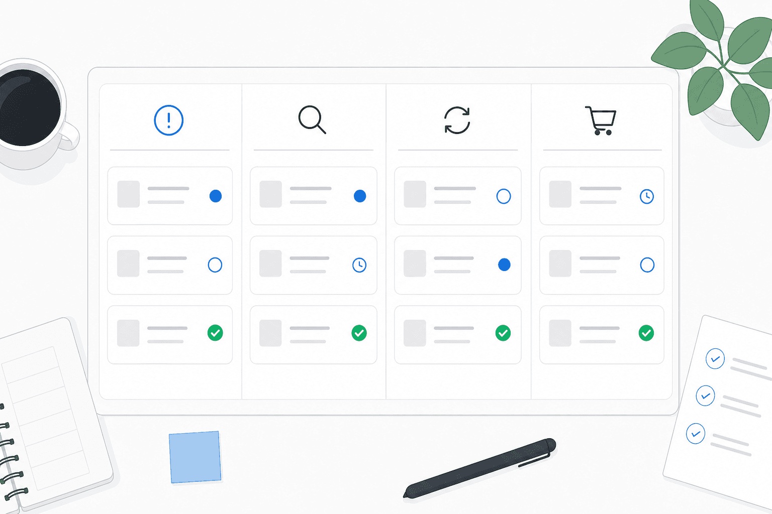 Flat illustration of a structured IT service management workspace with incident, problem, change, and request workflow lanes