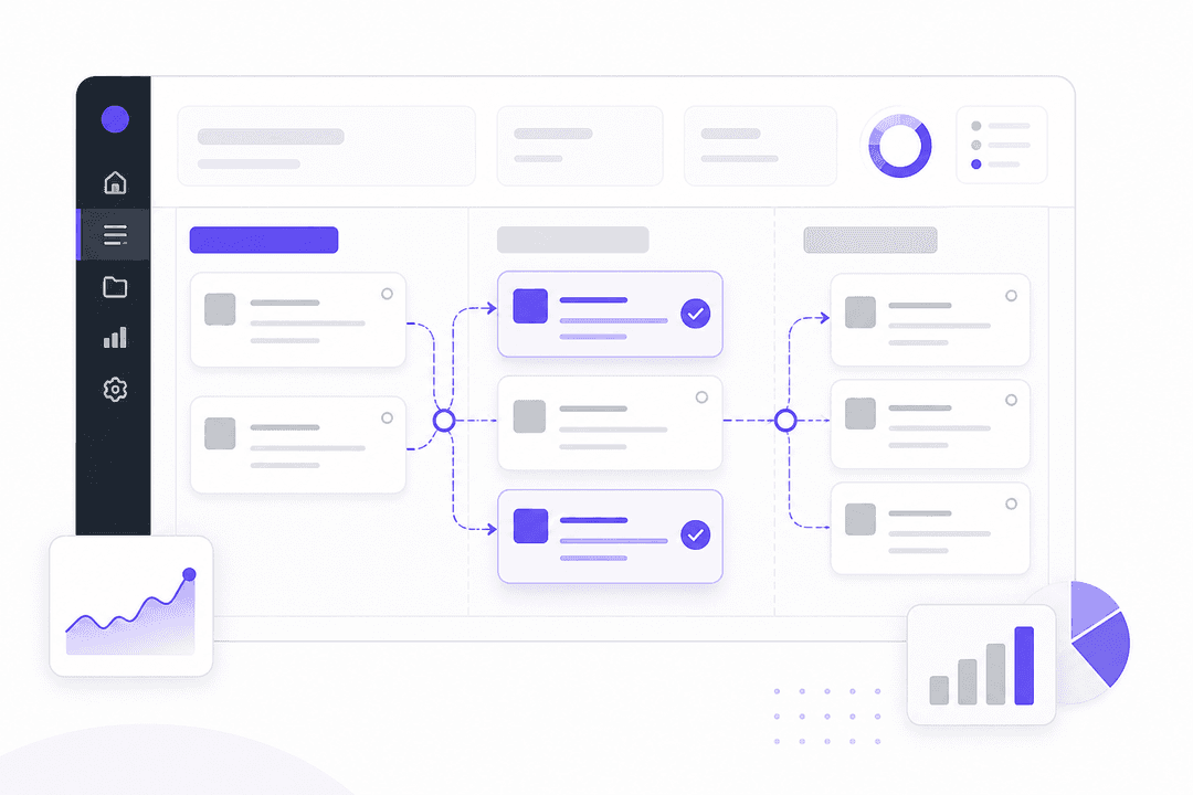 Stylized IT service desk dashboard showing automated ticket routing workflow