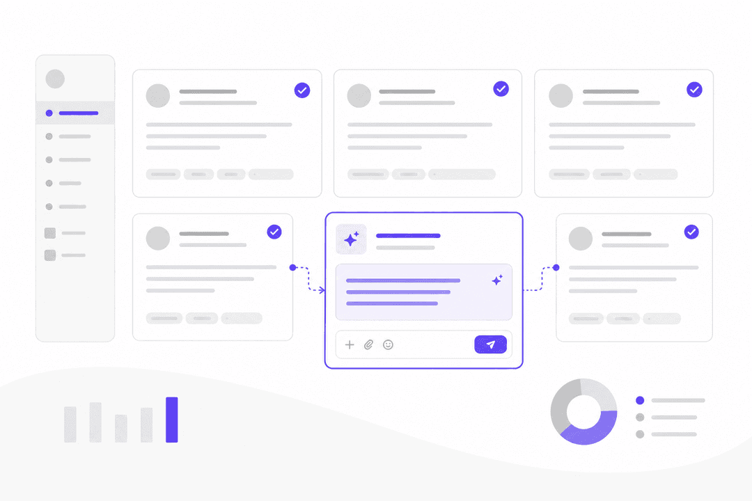 Flat editorial illustration of AI-powered helpdesk ticket cards with auto-resolve checkmarks