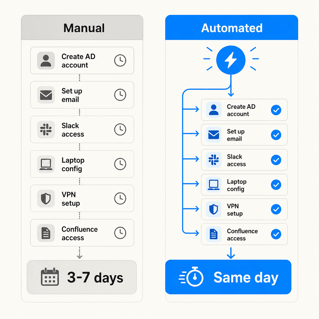Before-and-after comparison of manual vs automated IT onboarding times