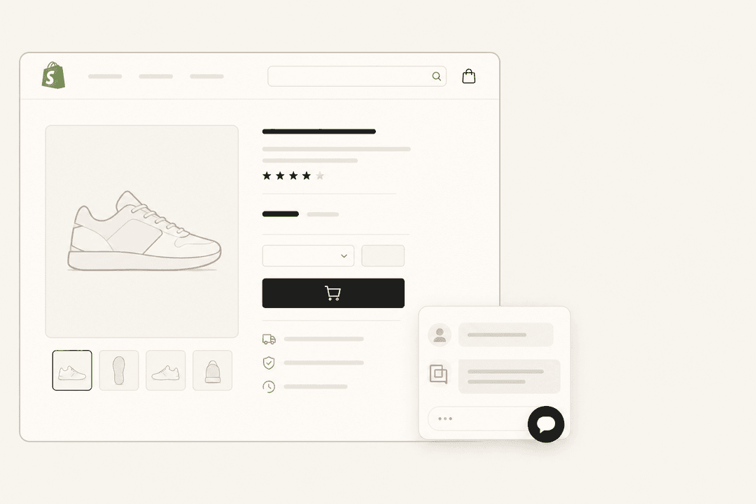 Illustration of a Shopify storefront with a Gorgias chat bubble widget in the corner