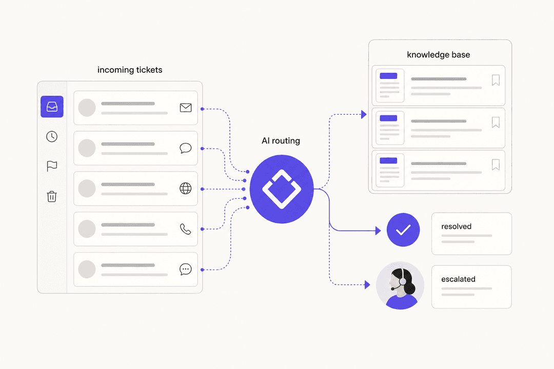 Stylized editorial illustration showing AI automatically routing and resolving support tickets in a help center