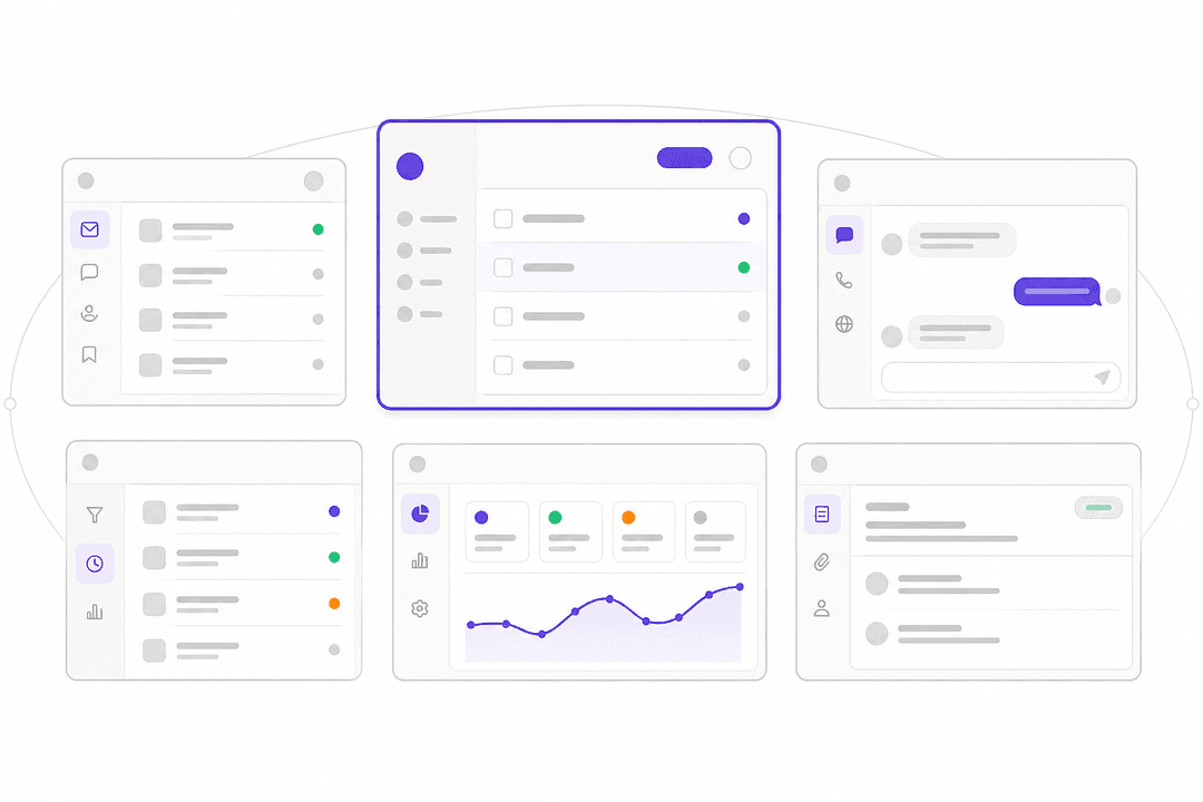 Six helpdesk UI cards representing Freshdesk alternatives for SMBs