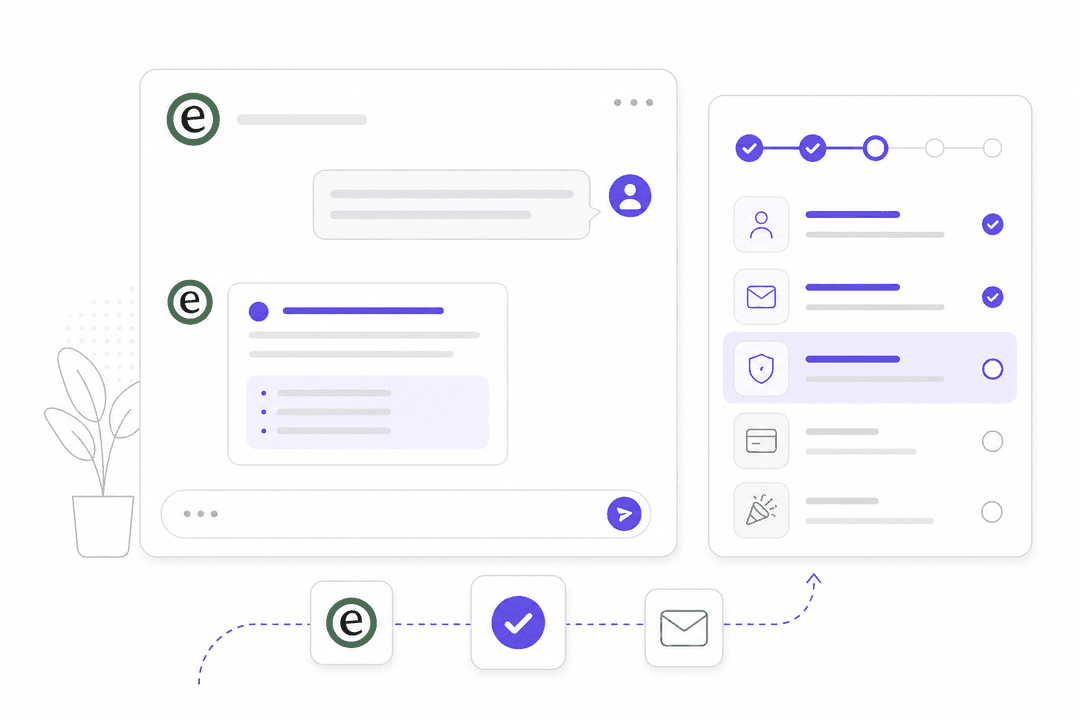 AI customer onboarding support interface showing a chat panel guiding a new customer through setup steps