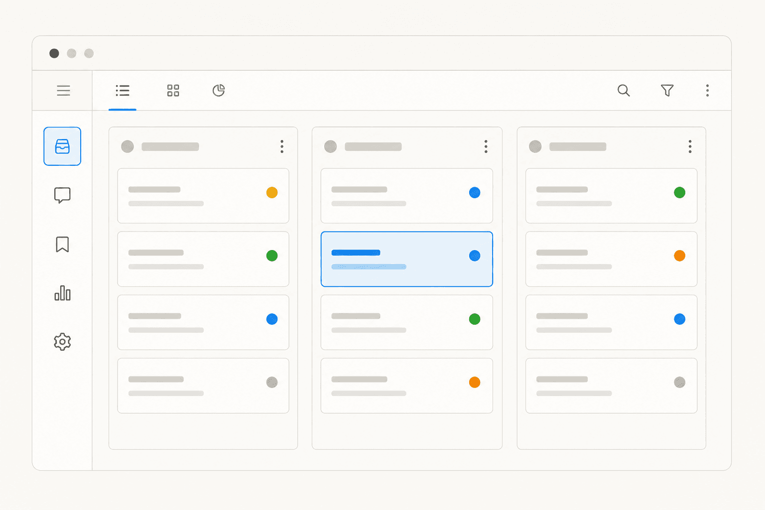 Stylized IT service desk ticket queue with categorized columns for incidents, requests, and changes