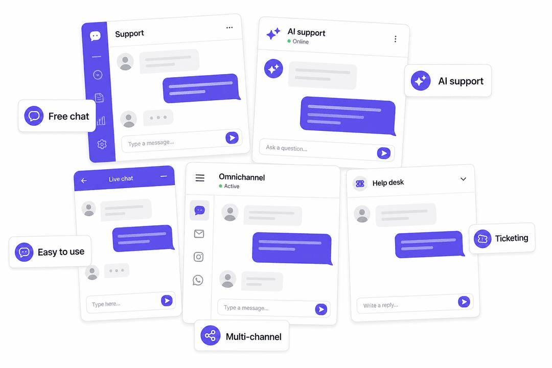 Multiple live chat interface panels representing different tawk.to alternatives