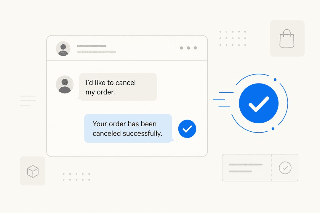 Flat illustration of a chat interface showing an automated order cancellation confirmation