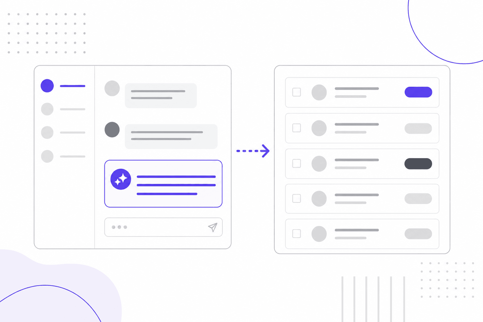 Two floating interface panels showing an AI chat draft and a ticket queue, representing AI in contact centers
