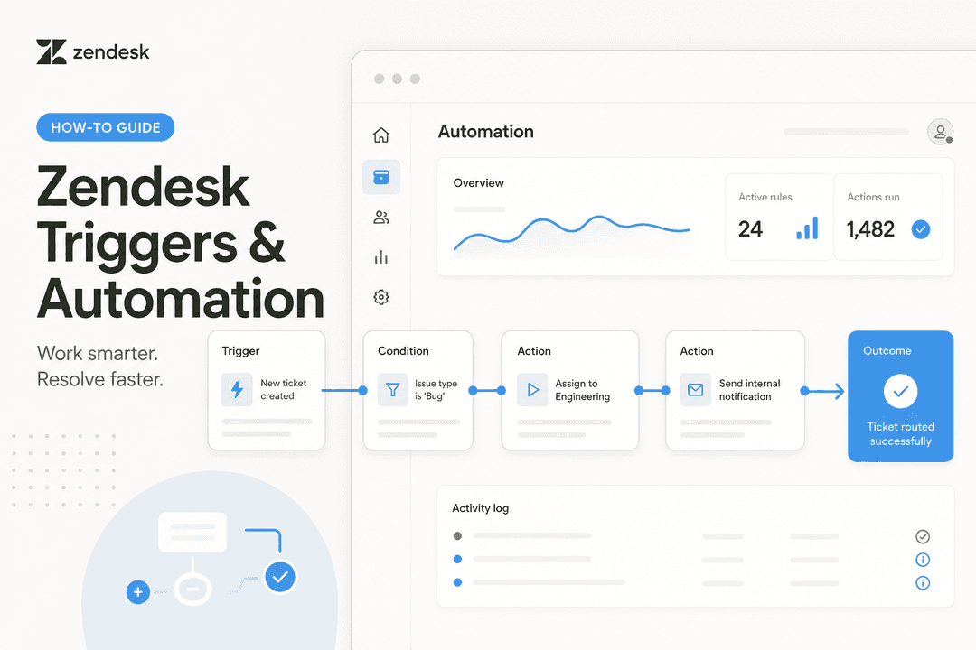ワークフローブロックとトリガー条件が表示されたZendesk自動化ダッシュボード