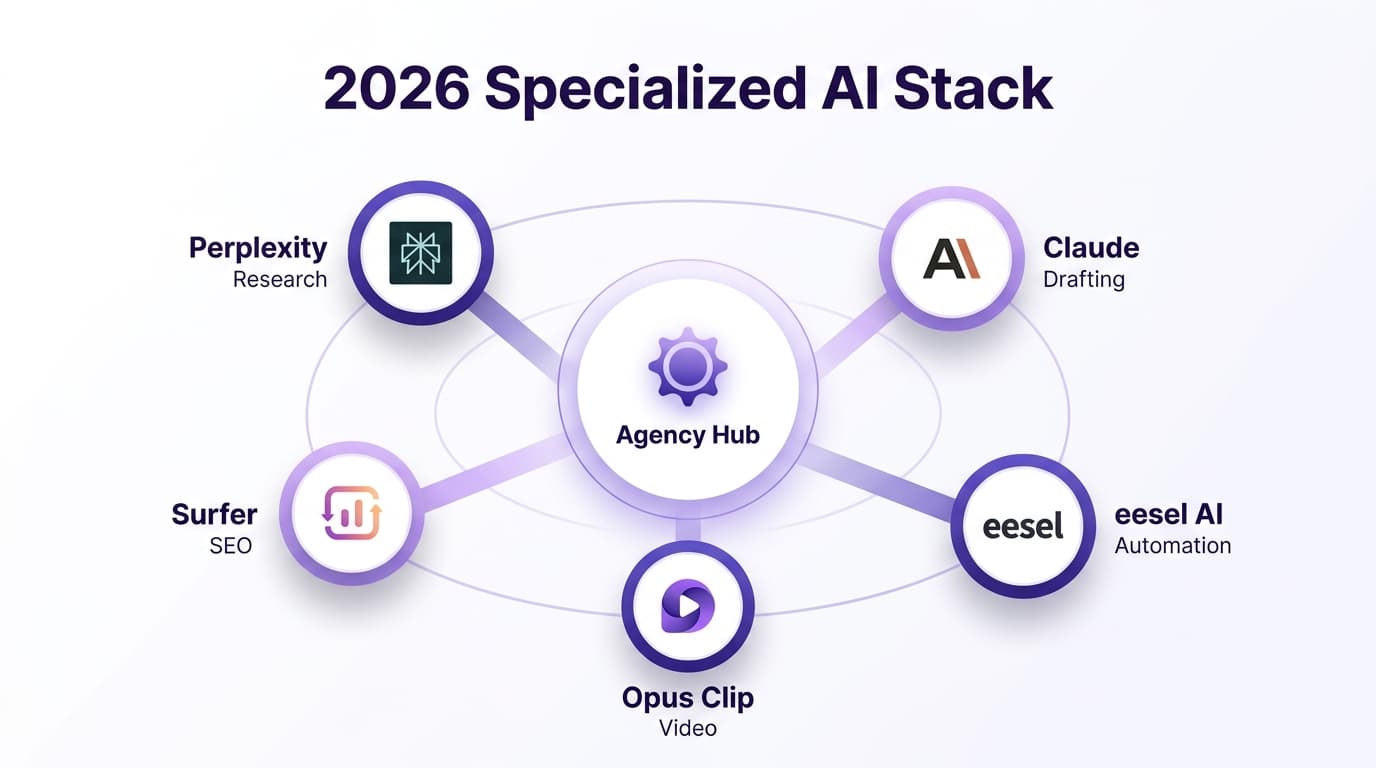 A specialized AI stack connects niche tools to a central hub, ensuring high-quality output across the entire content lifecycle.