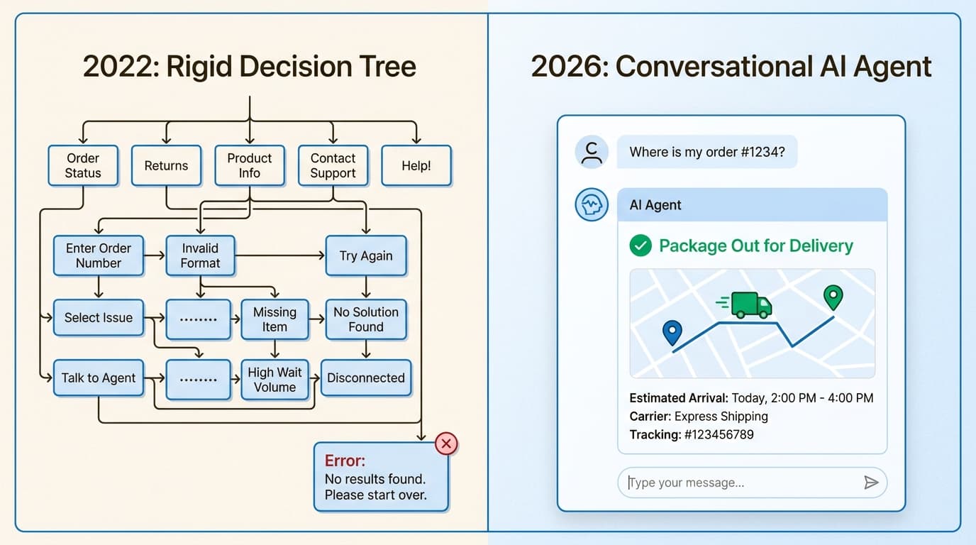 Modern AI agents use natural language processing to resolve complex queries instantly, replacing the rigid decision trees of the past.