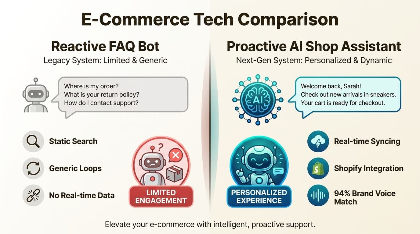 The evolution of e-commerce chatbots from simple reactive widgets to proactive AI assistants that handle complex commerce workflows.