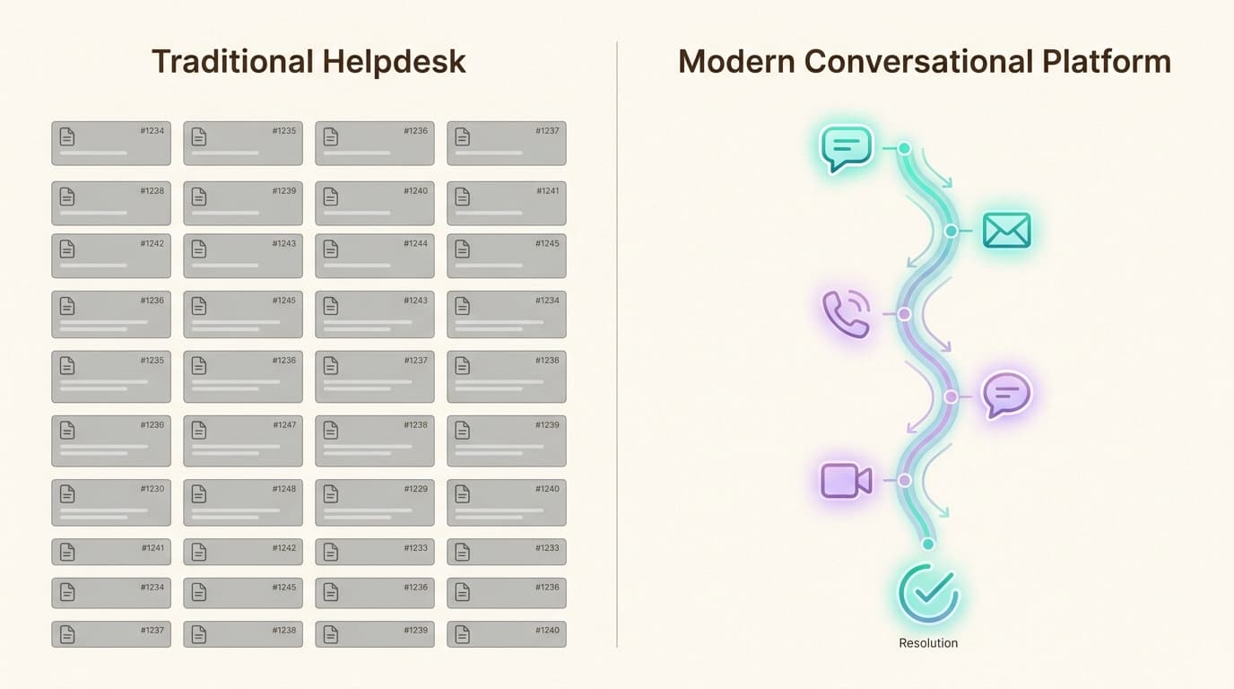 The evolution from fragmented support tickets to a continuous, lifelong customer conversation.