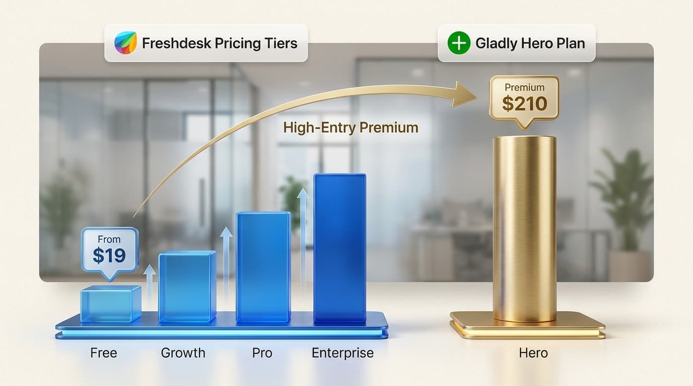 Freshdesk offers a flexible, low-barrier entry for teams of all sizes, while Gladly is positioned as a high-investment premium platform for enterprise B2C brands.