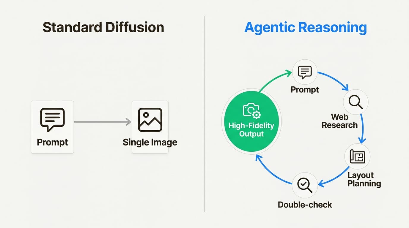 The agentic reasoning model moves beyond simple generation by incorporating research and planning into its visual workflow.
