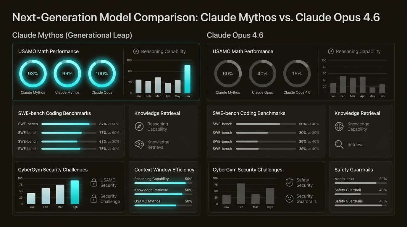 Benchmark data highlights the significant performance gap between Claude Mythos and the previous flagship, Claude Opus 4.6.