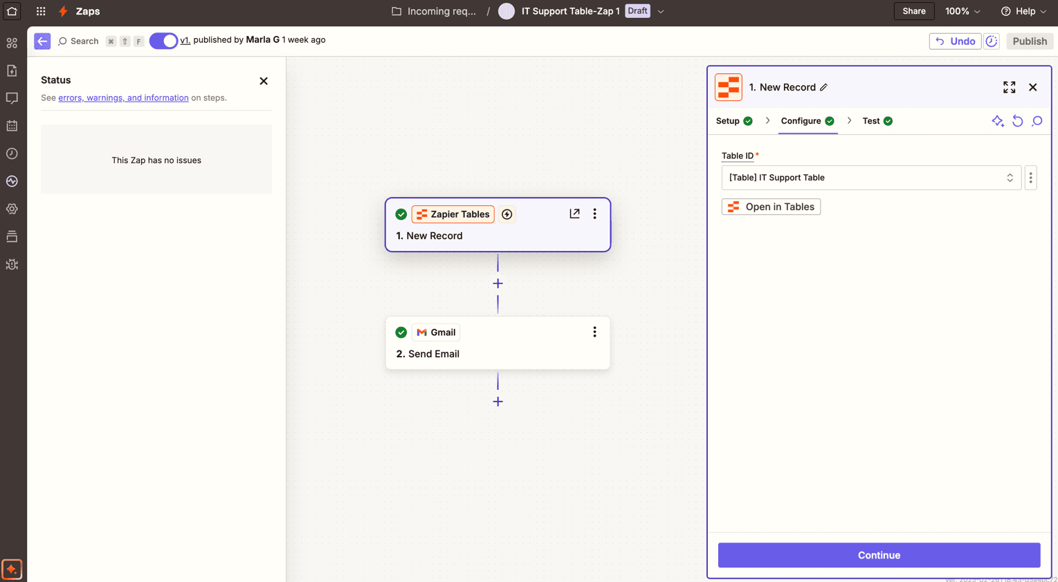 Zapier Zap editor showing a Zapier Tables New Record step followed by a Gmail Send Email step, with setup, configure, and test controls