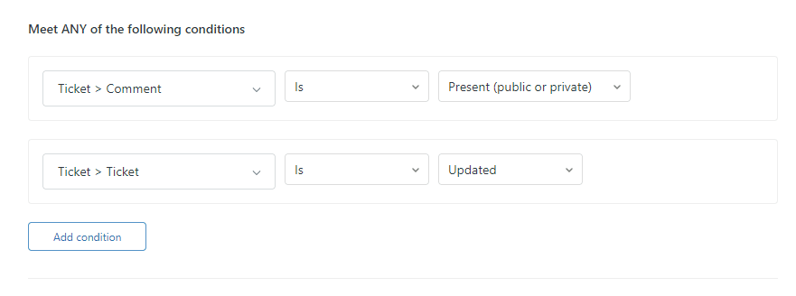 Rule builder interface for defining trigger conditions in Zendesk Admin Center