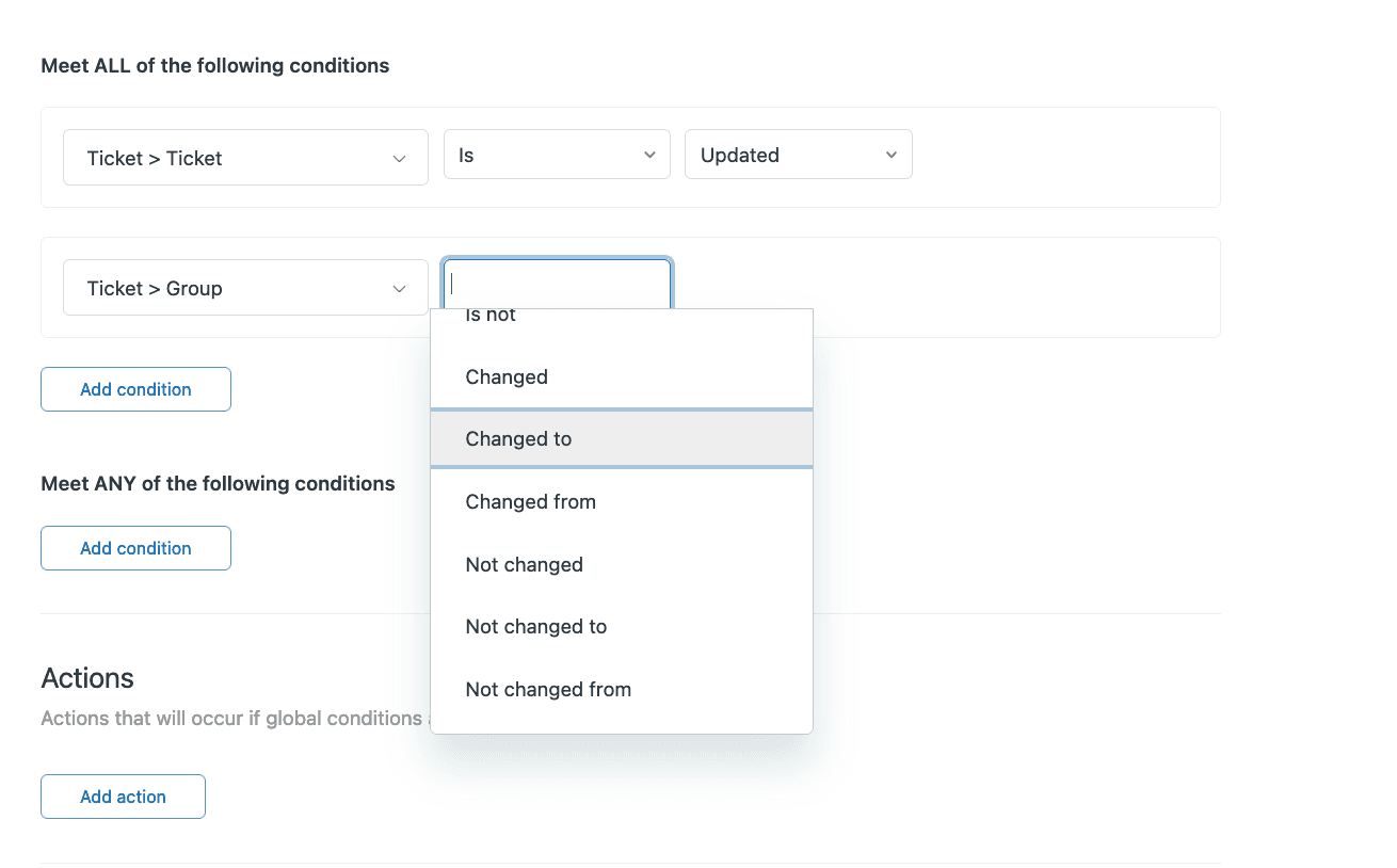 Zendesk Admin Center trigger configuration with condition and action dropdowns