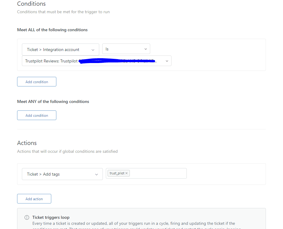 Trigger conditions interface with 'ALL' and 'ANY' condition dropdown menus