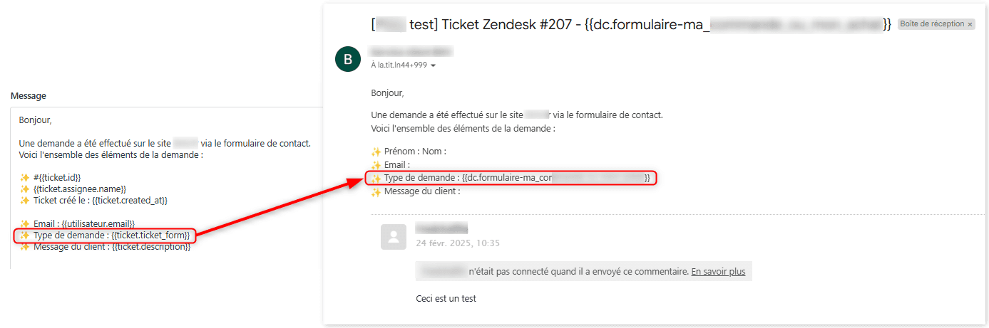 The Zendesk message template editor displaying available dynamic content placeholders for ticket information.
