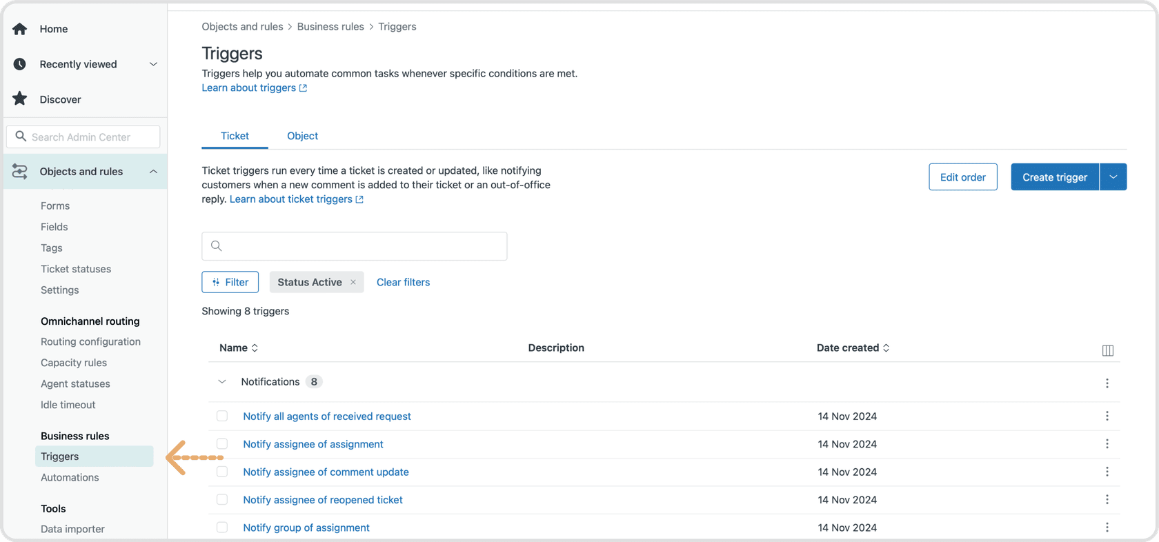 screenshot of the settings for triggers for zendesk bot