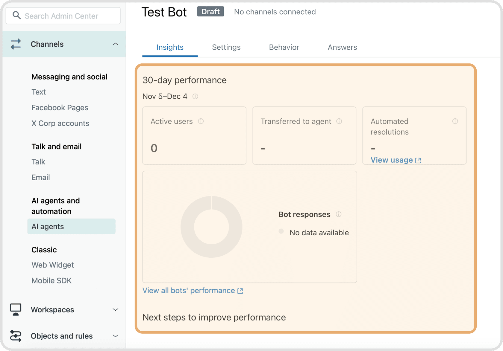 screenshot of the performance screen for zendesk bot