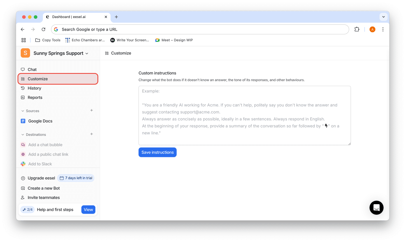 Image showing eesel ai dashboard customize tab for zendesk AI bot