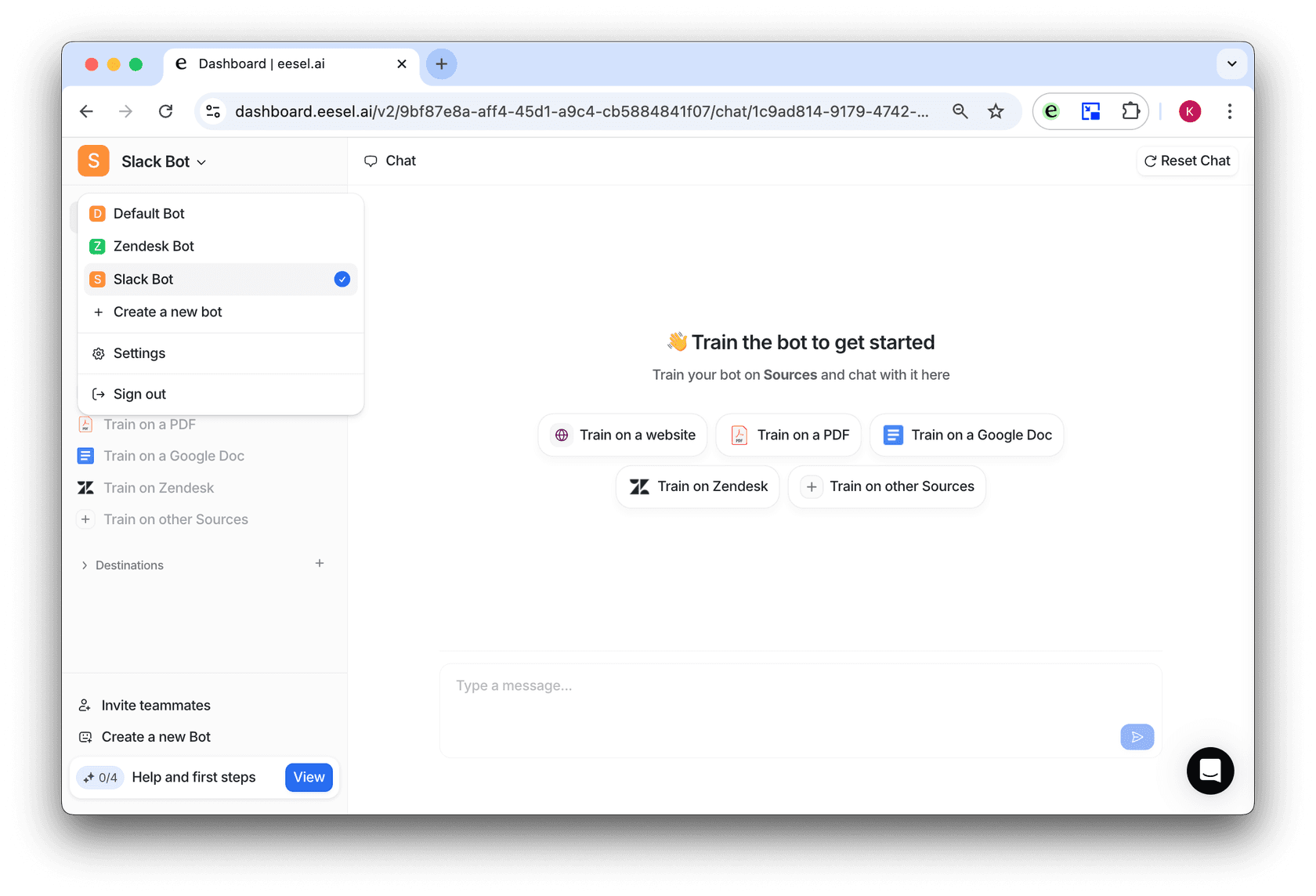 screenshot of eesel AI dashboard slack bot