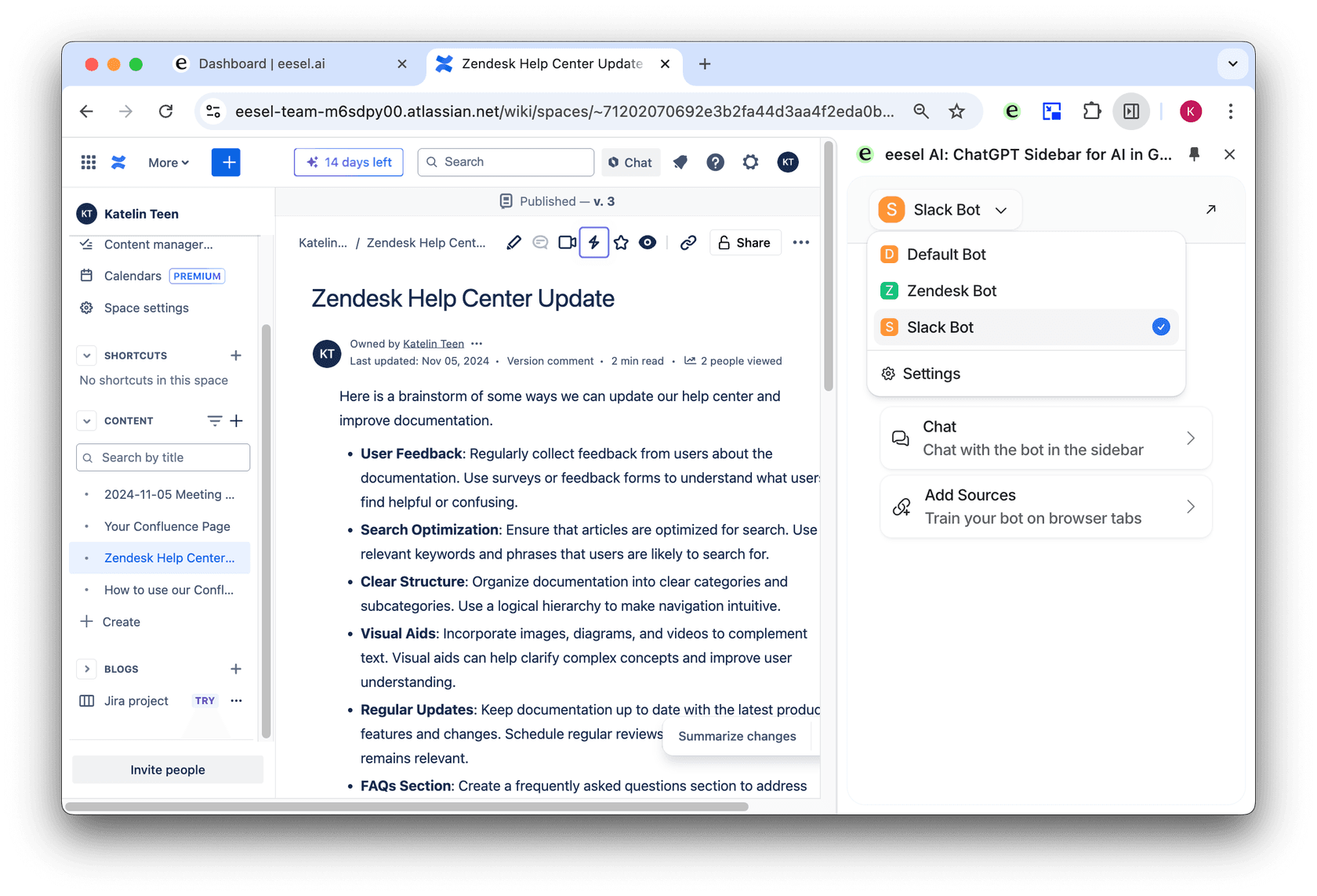 screenshot of a confluence page with ai browser extension open