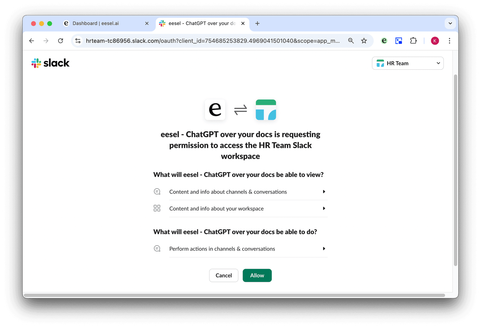allow eesel ai to slack workspace