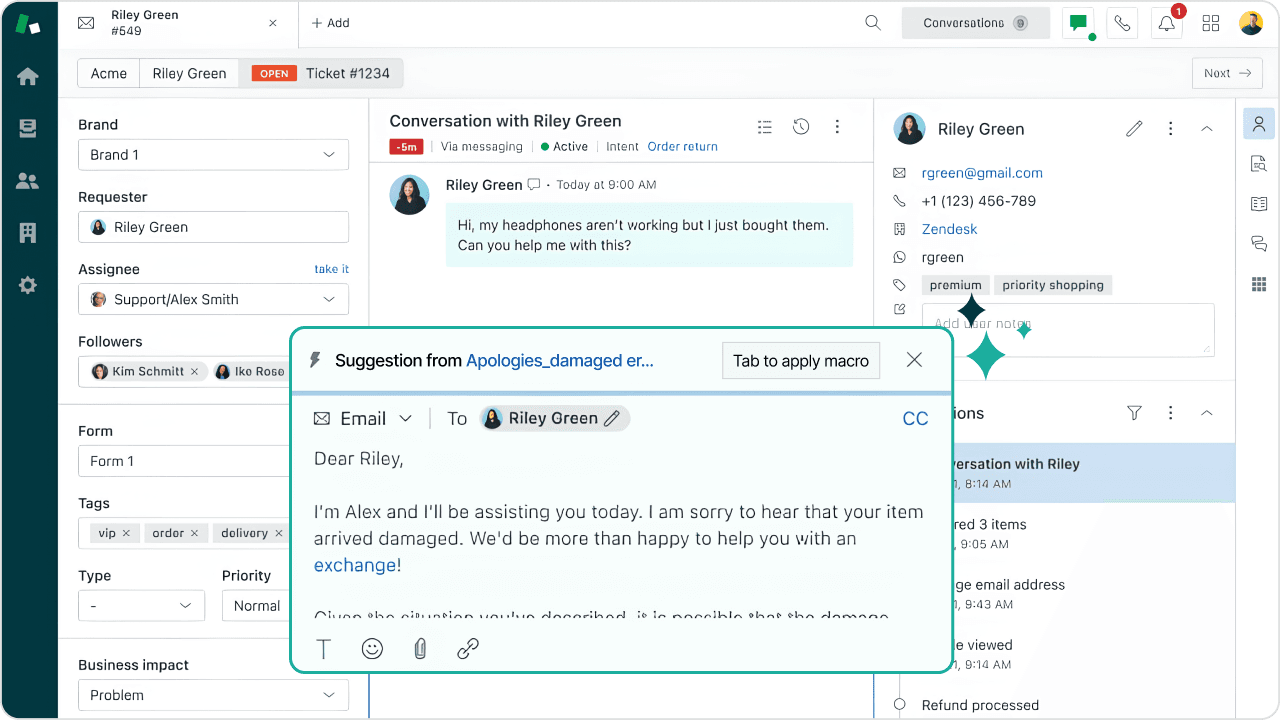 A screenshot of the Zendesk AI dashboard highlighting an AI written response
