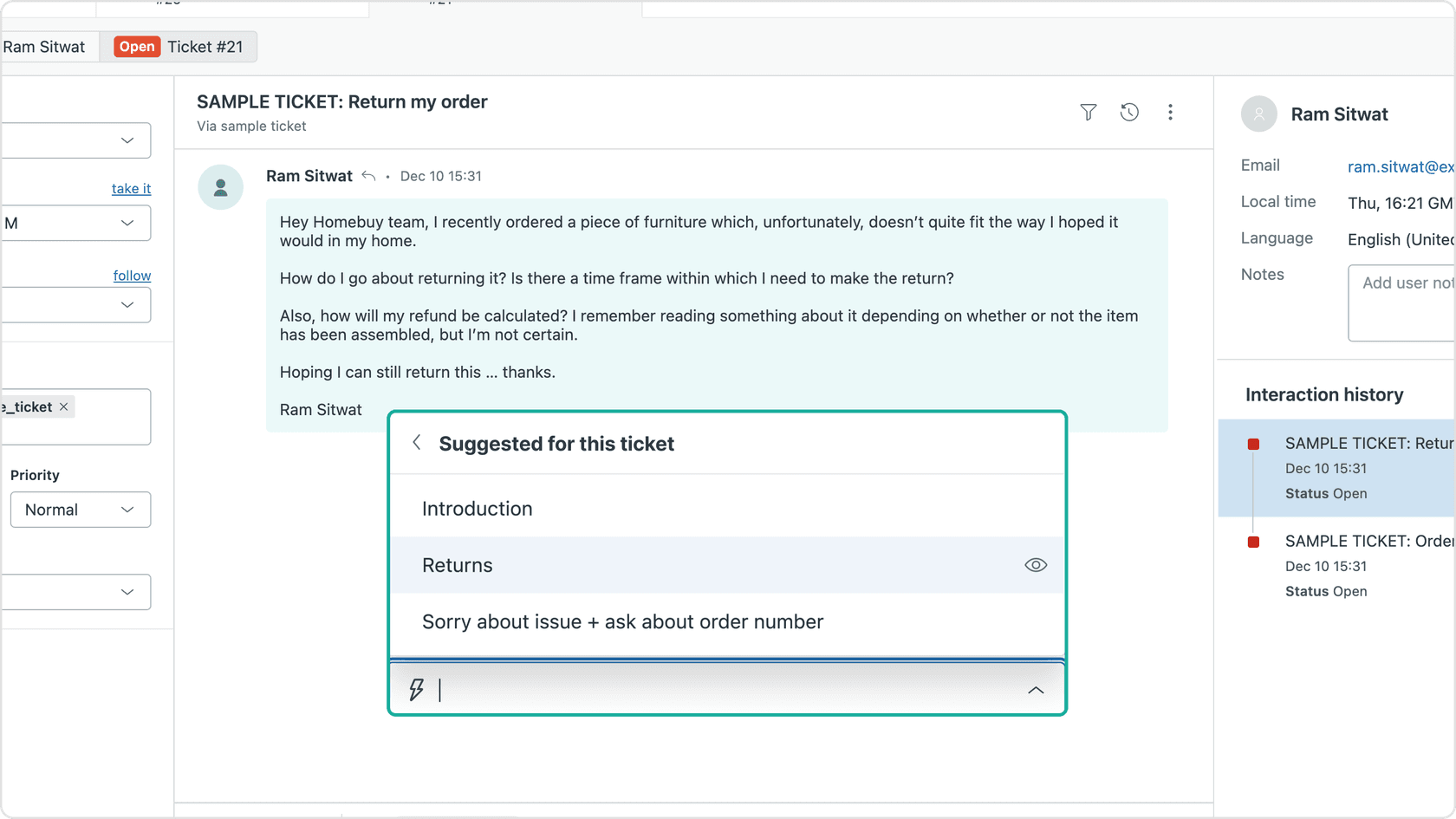 I suggests the right replies so your team can handle tickets faster.