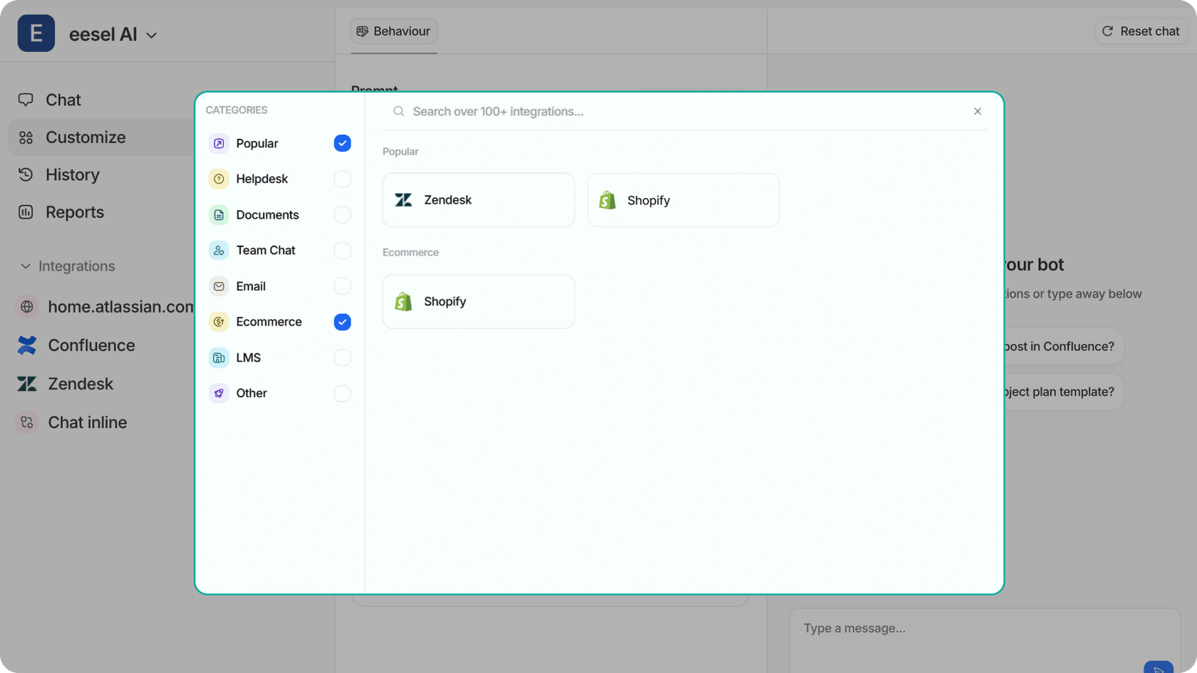 A screenshot of eesel’s integration panel showing Zendesk and Shopify.